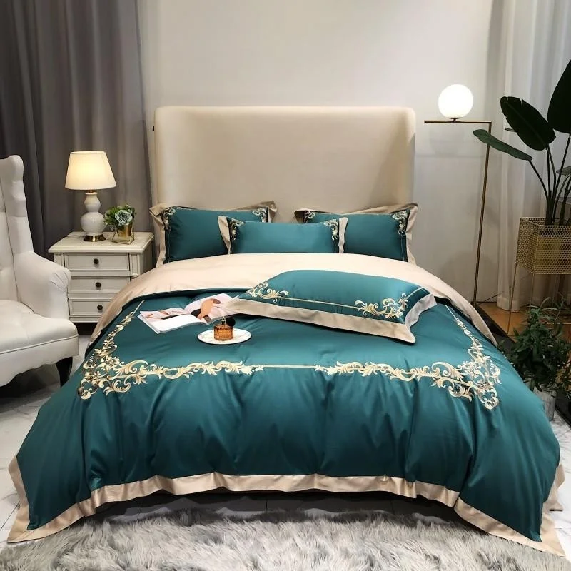 

Turquoise Green Duvet Set Embroidered Luxury Bedding set Comforter Cover Bed Sheet Pillow Shams Queen King size 4Pcs