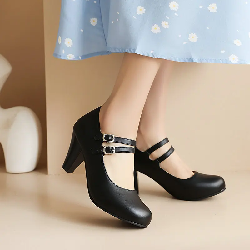 

2021 Orange White Double Buckle Strap Retro Ladies Pumps Office Lady Spike High Heels Womens Mary Janes Big Size 47 48