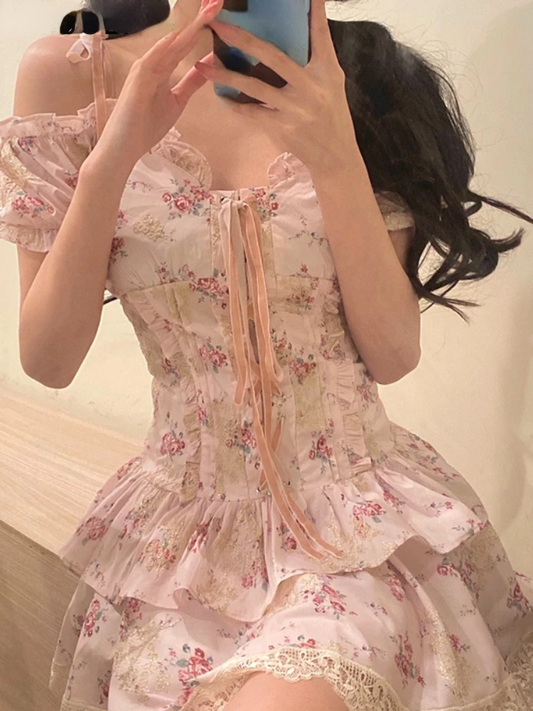 

Lolita Kawaii 2 Piece Dress Set Woman Sweet Lace Mini Dress Korean Fashion 2022 Summer Floral Elegant Short Party Dress Casual