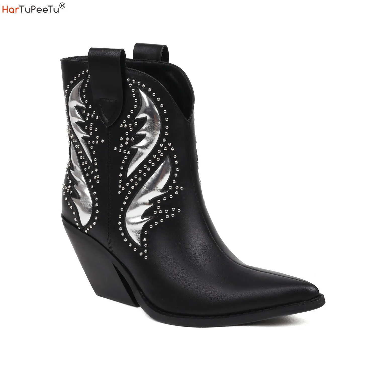 

Cowboy Western Ankle Boots Women Black White Luxury 2023 Leather Shoes Plus Size 43 Rivets Decorate Pointed Toe Cowgirls Booties