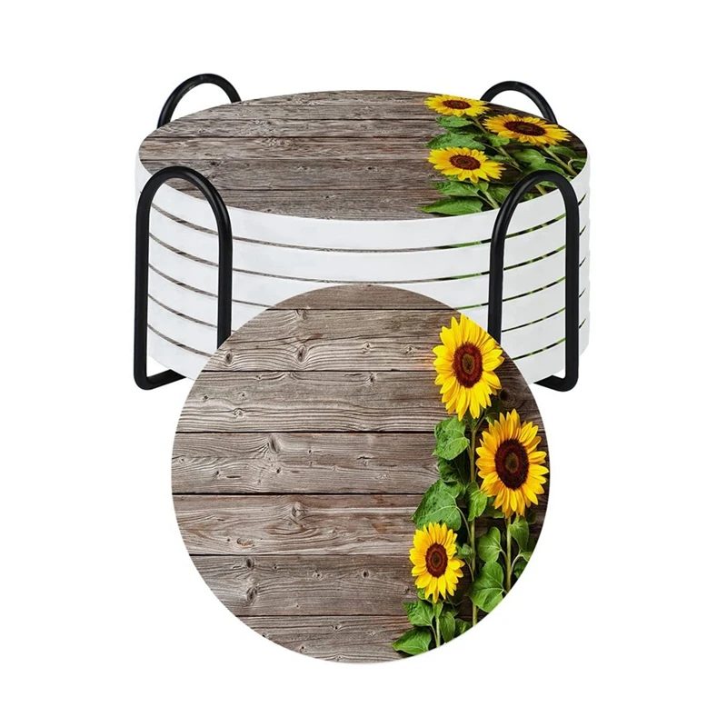 

Sunflowers Absorbent Coasters For Drinks, Coaster With Holder,Wood Texture Stone Cup Coaster With Cork Base