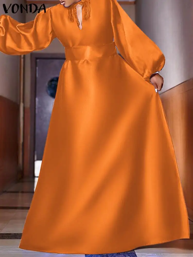 

VONDA Women Autumn Stain Maxi Dress 2024 Vintage Long Sleeve V Neck Party Sundress Bohemian Maxi Dress Loose Robe Femme Baggy
