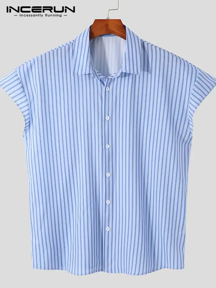 INCERUN Tops 2023 Handsome New Men's Collared Stripe Shirts Summer Casual Hot Sale Striped Lapel Sleeveless Buttons Blouse S-5XL