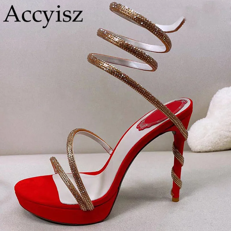 

2023 Summer Gladiator Sandals Women Snake Crystal Design Thin High Heels Narrow Band Fairy Stiletto Party Dress Shoes Sexy Pumps