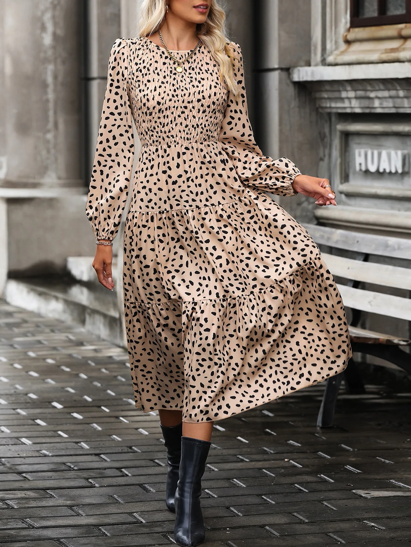 

Ladies Vintage Long Dresses Spring Autumn Long Sleeve Elegant Print Women Dress A-line Shirring High Waist Vestidos Female