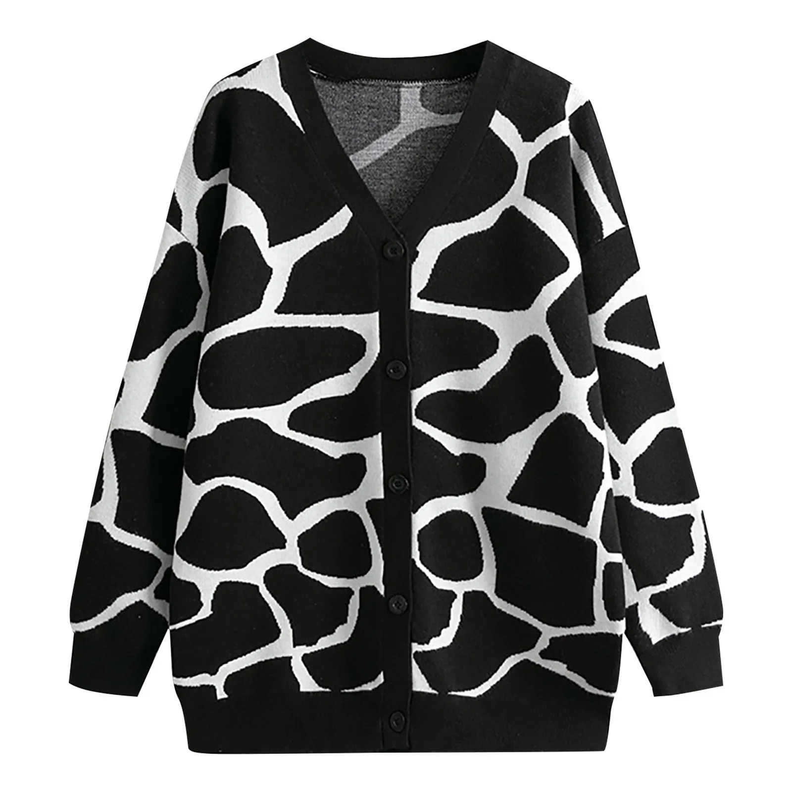 

Women's Autumn And Winter Jacquard Knit V Neck Long Line Pattern Loose Coat