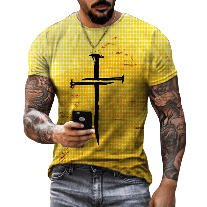 

Easter Jesus Cross 3D Printing New Summer Fashion Retro Street Harajuku Men's T-shirt Daily Casual Wear Oversized Short-sleeved