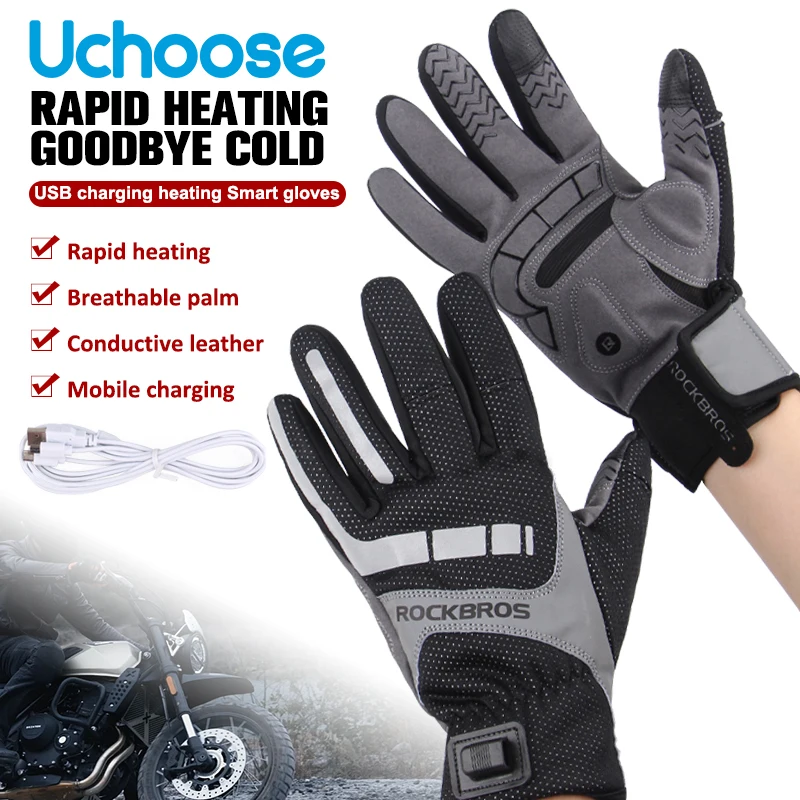 

USB Electric Heated Gloves ROCKBROS Gloves Winter Ski Gloves Touchscreen For Motorcycle Riding Hiking Snow Gloves