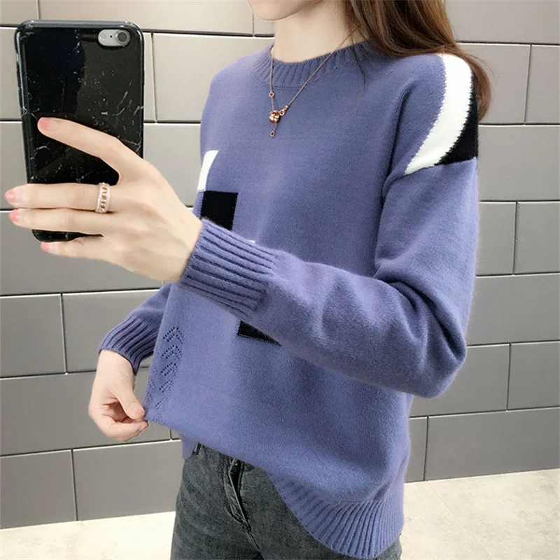 

Plaid Fashion Patchwork Knitted Sweater Women Loose Short Pullover Jumpers Ladies Spring Autumn Long Sleeve Knitting Tops Female