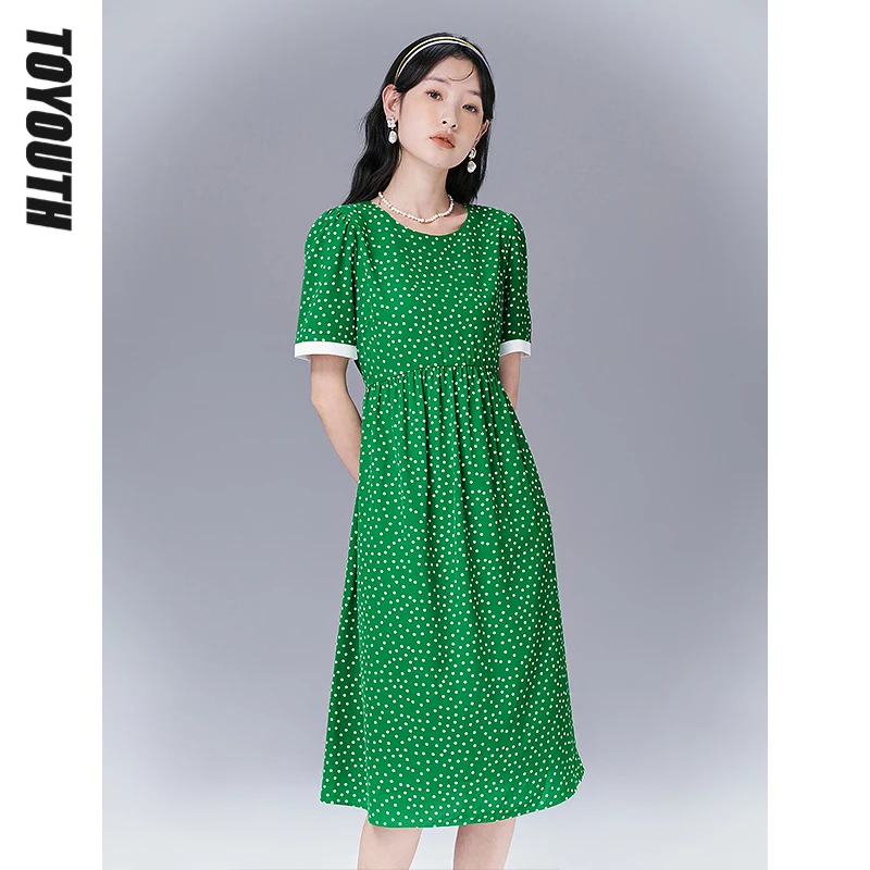 Toyouth Women Dress 2022 Summer Short Sleeve O Neck Loose A Line Collect Waist Green Polka Dots Elegant Vintage Dresses
