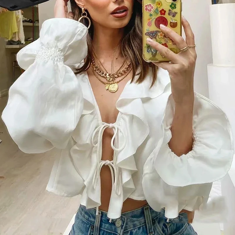 

Hedging Ruffled V-neck Lace-up White Lace-up Trumpet Sleeve Long-sleeved Top Summer Spring Temperament Beach New Top Crop Top