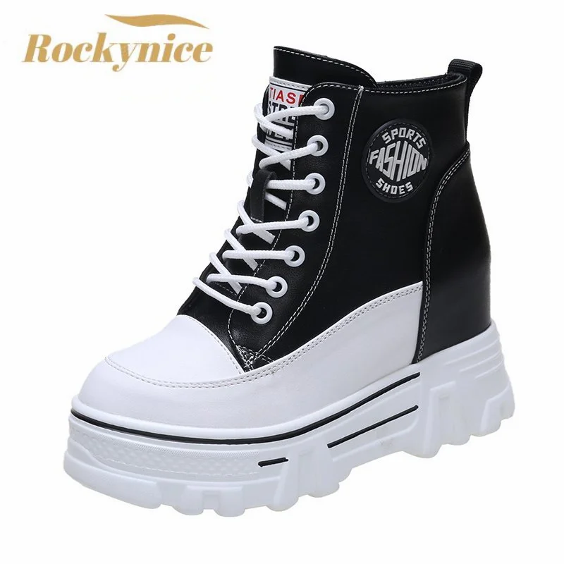 

New Women Ankle Boots Platform Winter Boots Ulzzang 8.5cm Height Increasing Wedge Shoes Woman Autumn Thick Sole Leather Sneakers