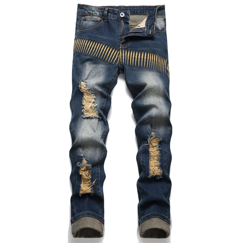 

Мужские рваные джинсы в стиле панк, узкие брюки-карандаш со средней талией и вышивкой, повседневные классические синие брюки, осень 2023