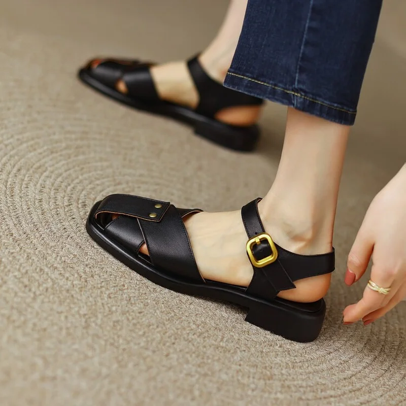 

Beach Sandal Woman Luxury All-Match Square Toe Female Shoe 2022 Summer Fashion Comfort Girls Retro Gladiator Sandals Large Size