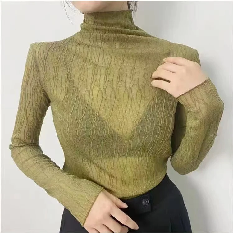 

Autumn Girls Half Turtleneck Full Sleeve Lace T Shirts Lady See-through Elastic Tops Tees For Women