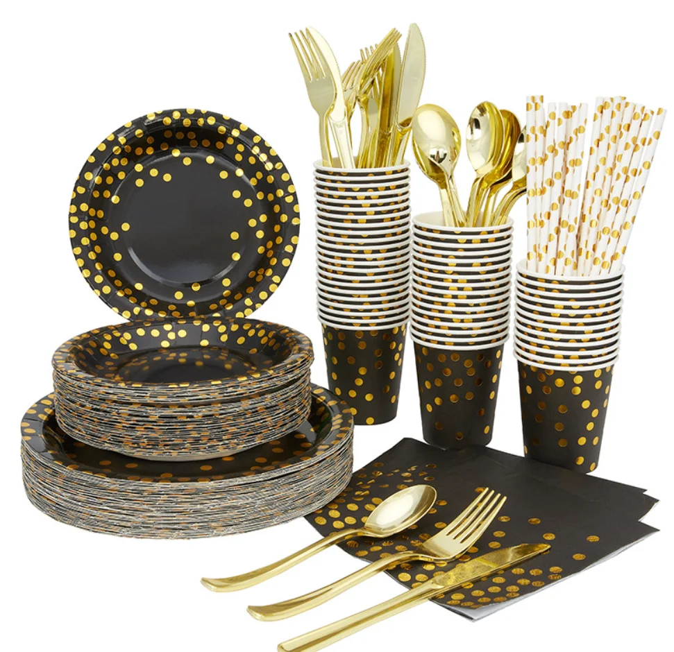 Black and Gold Banquet Party Disposable Hotel Restaurant Round Paper Plate Cup Napkin Straw Knife and Fork Tableware Set