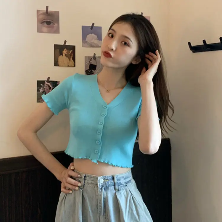 

Fashion Girl Summer Knitted Shirt Slim Short Cropped Cardigan Women Summer Short Sleeve V-neck Blouse