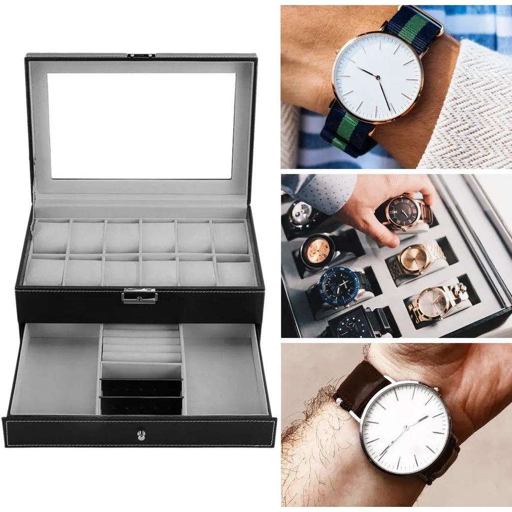 

Professional 12 Grids Slots Watches Display Storage Box Case PU Leather Double Layers Watch Storage Organizer Box Holder