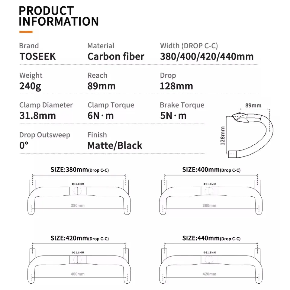 Фото Руль для шоссейного велосипеда TOSEEK Ultralight из матового карбона, черный, изогнутый, 31.8*380/400/420/440 мм, вылет 89 мм, дроп 128 мм №2