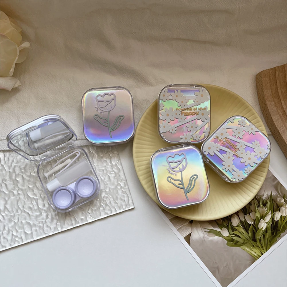 

Flower Laser Cover Contact Lens Case Box With Mirror 5PCS/Set Colored Lenses Container Beauty Lens Storage Box Travel Set Gift