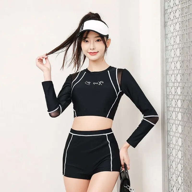 

2022 Newest Women Two Pieces Sport Swimsuit Black High Waisted Sexy Surfing Suit Long Sleeves Padded Beach Wear Rashguards