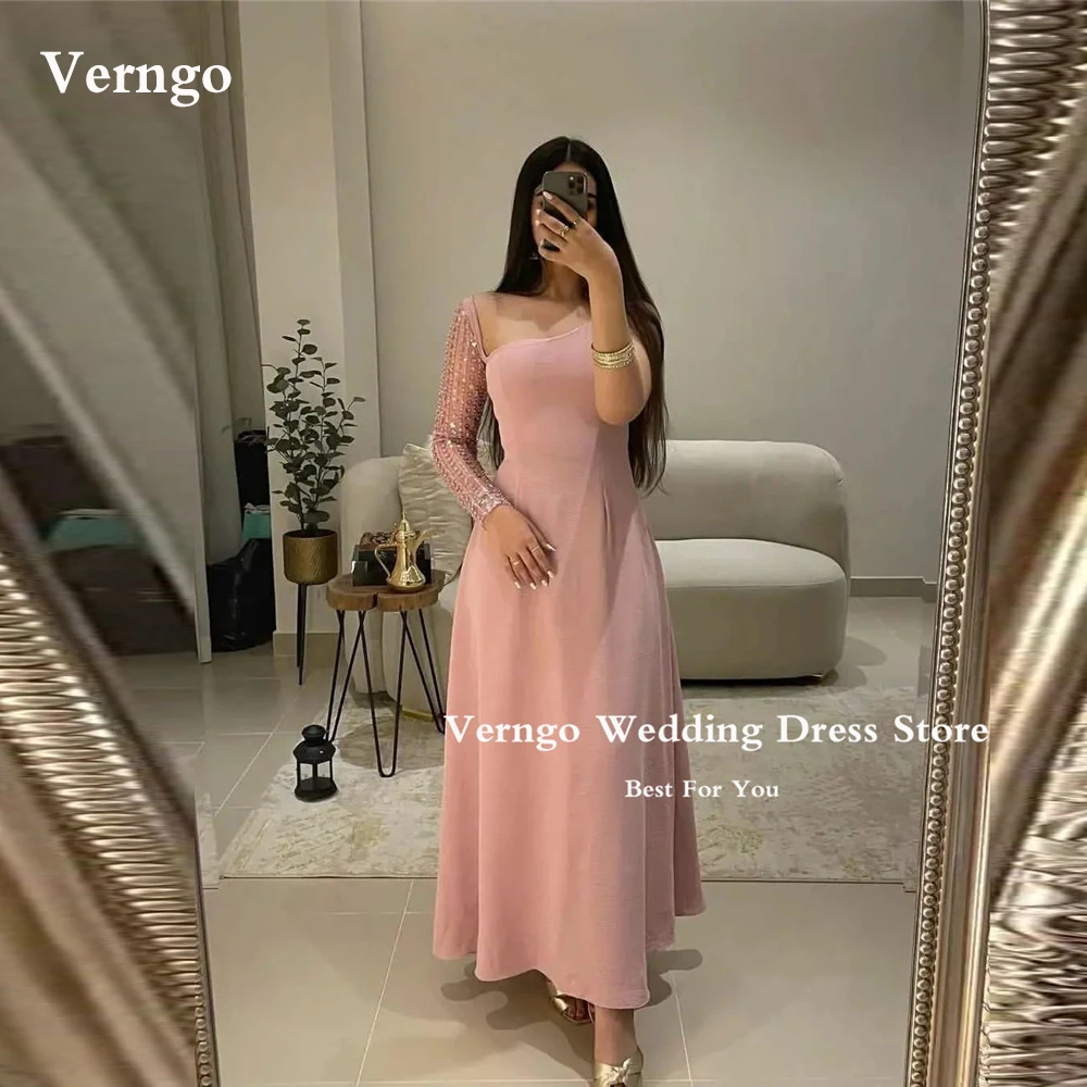

Verngo блестящие розовые арабские женские вечерние платья с одним плечом и длинным рукавом