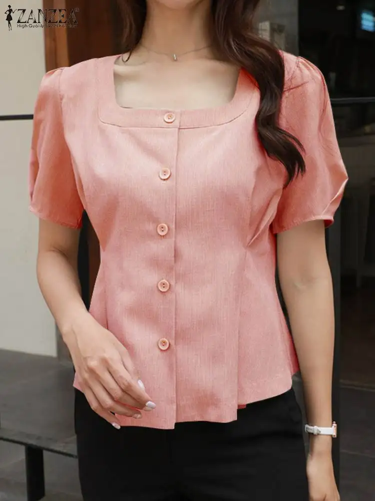 

Блузка ZANZEA женская с квадратным вырезом, модный короткий Элегантный Приталенный топ со складками, туника на пуговицах в Корейском стиле