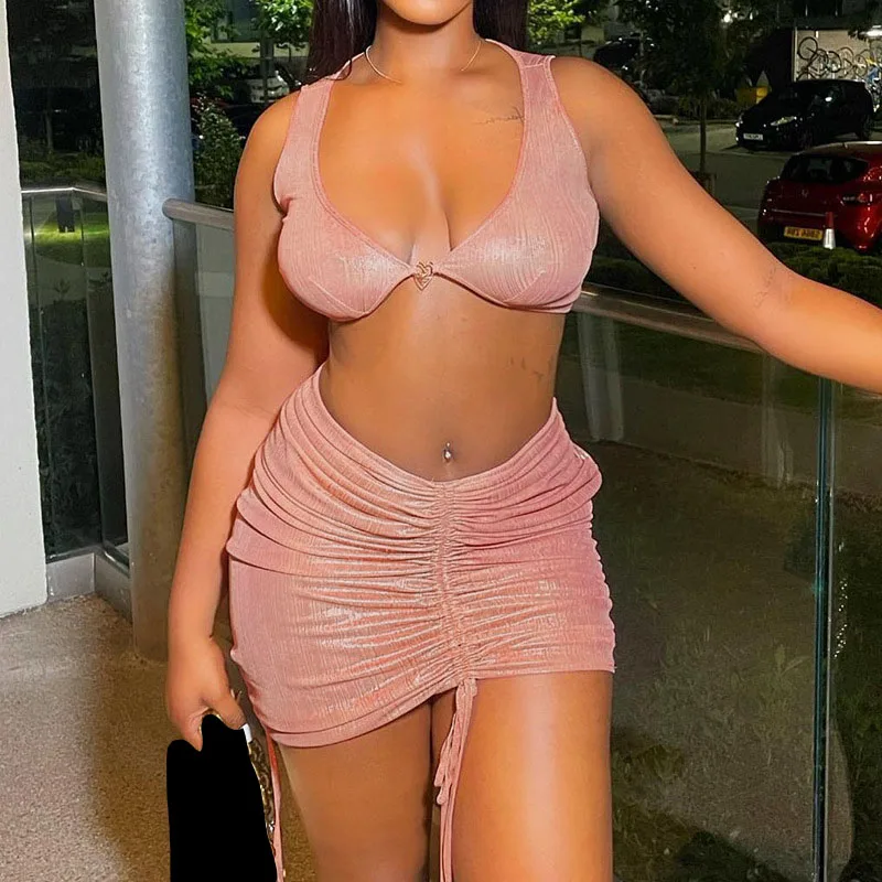 

KEXU Solid Shiny Two Piece Set Women Sexy Low Neck Cleavage Skinny Sleeveless Vest+ Drawstring Ruched Sheath Hip Skirt