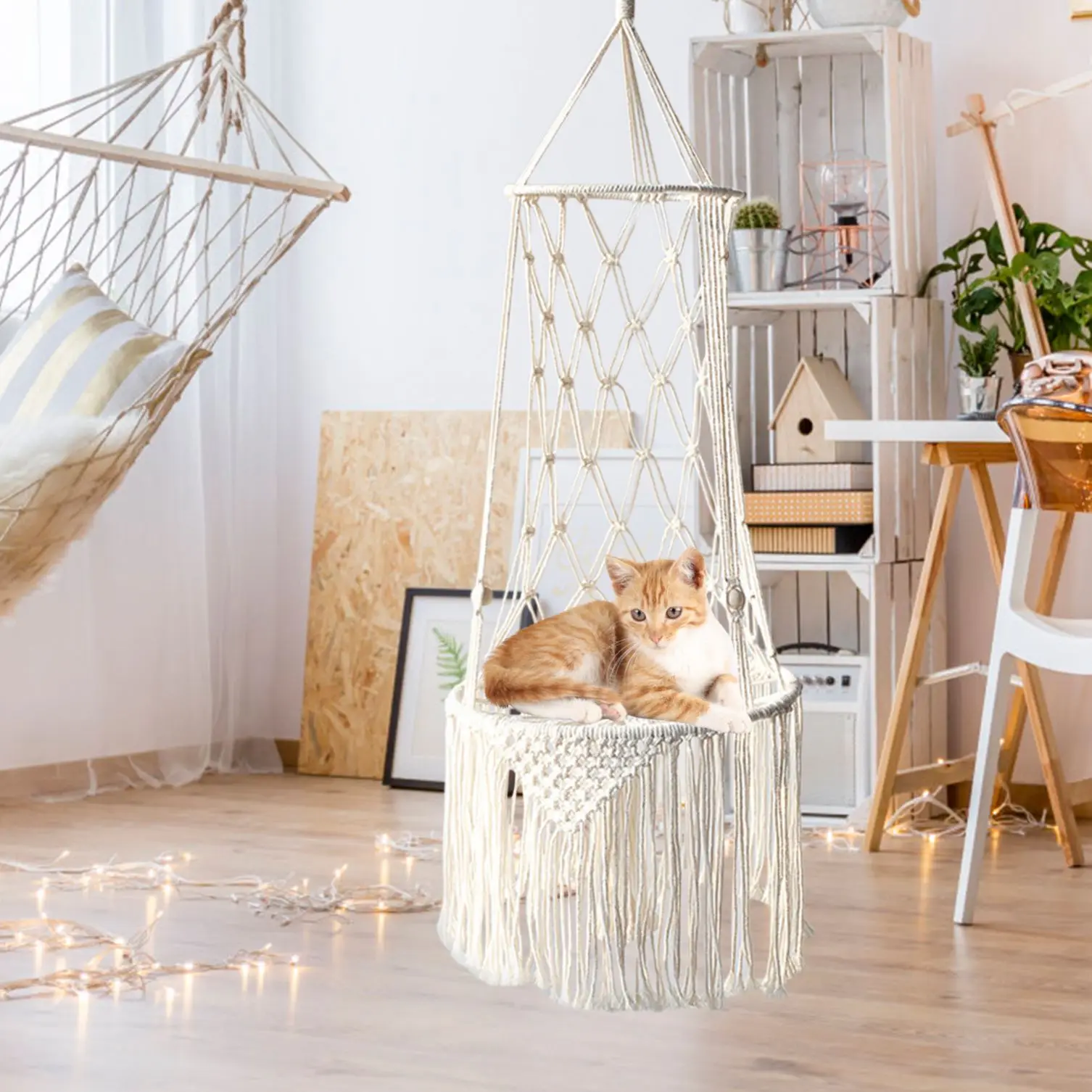 

Big Macrame Cat Hammock Hanging Swing Cat Dog Puppy Bed Basket House Home Pet Cat Accessories toy with Rope Sisal Ball Feather