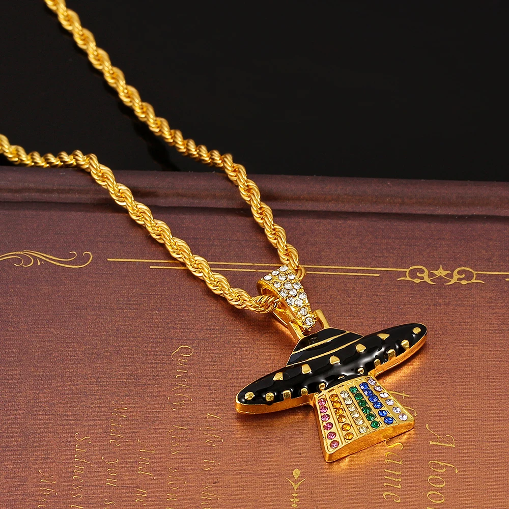 

Creative Spaceship UFO Enamel Shine Light Beam Crystal Pendant Necklace Gold Color Long Chain For Man Women Collar Jewelry Gifts