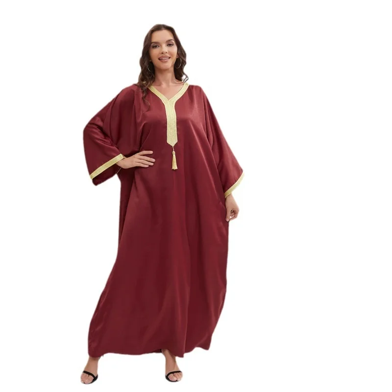 Abaya for Women Dubai Muslin Islam Women Robe with Bat Sleeves Loose Large Long Dress V-Neck Template Robe Dress New Style