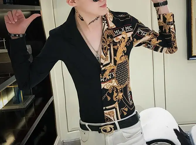 Casual Blouse Homme Baroque Banquet Shirt Paisley Black Gold Men Shirt Luxury Korean Mens Long Sleeve Print Shirts Men Slim Fit