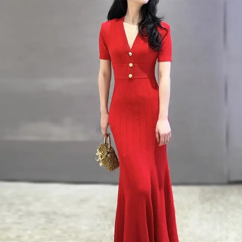 Темпераментное женское красное вязаное платье рыбий хвост осень-зима модное