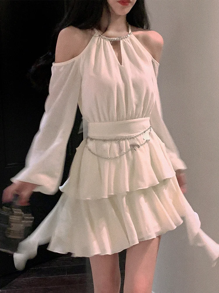 2023 Autumn Fairy Pure Color Short Party Dress Korean Fashion Elegant Mini Dress Woman Design Casual Long Sleeve Dress Female
