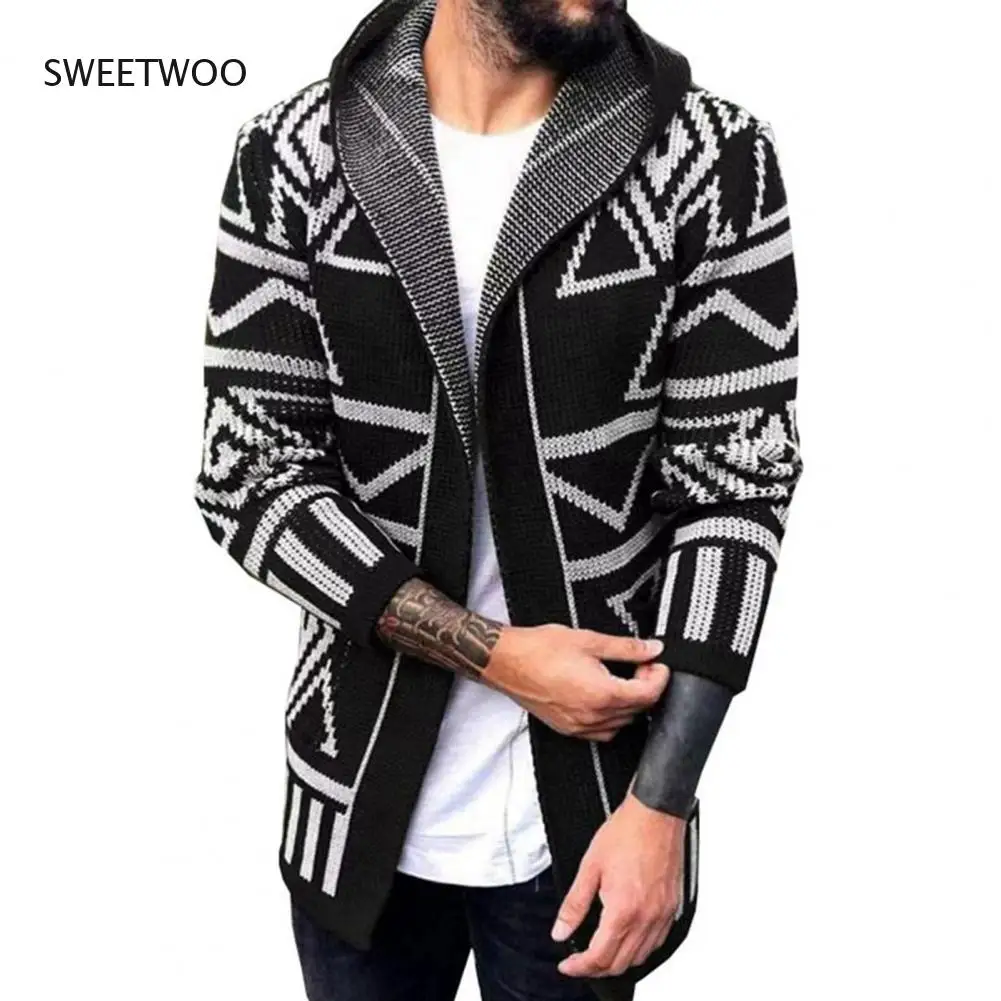 

Утепленный свитер с длинным рукавом, кардиган средней длины, модное пальто с графическим принтом и открытым стежком и капюшоном, трикотажная одежда