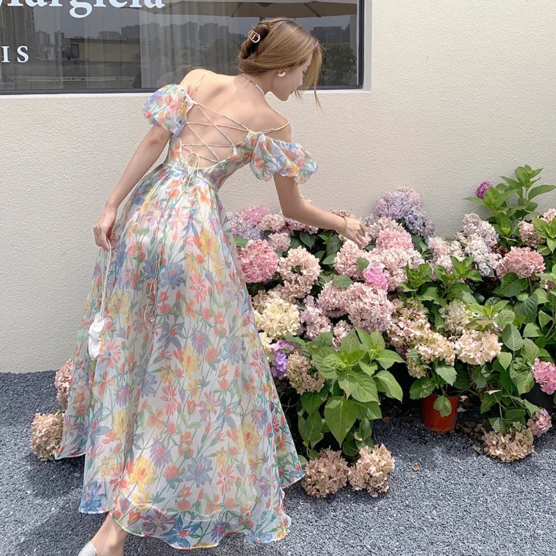 

French Puff Sleeve Spaghetti Straps Midi Dress Summer Flower Print Casual Beach Dress for Women Slim Lace Up Backless Sexy Dress