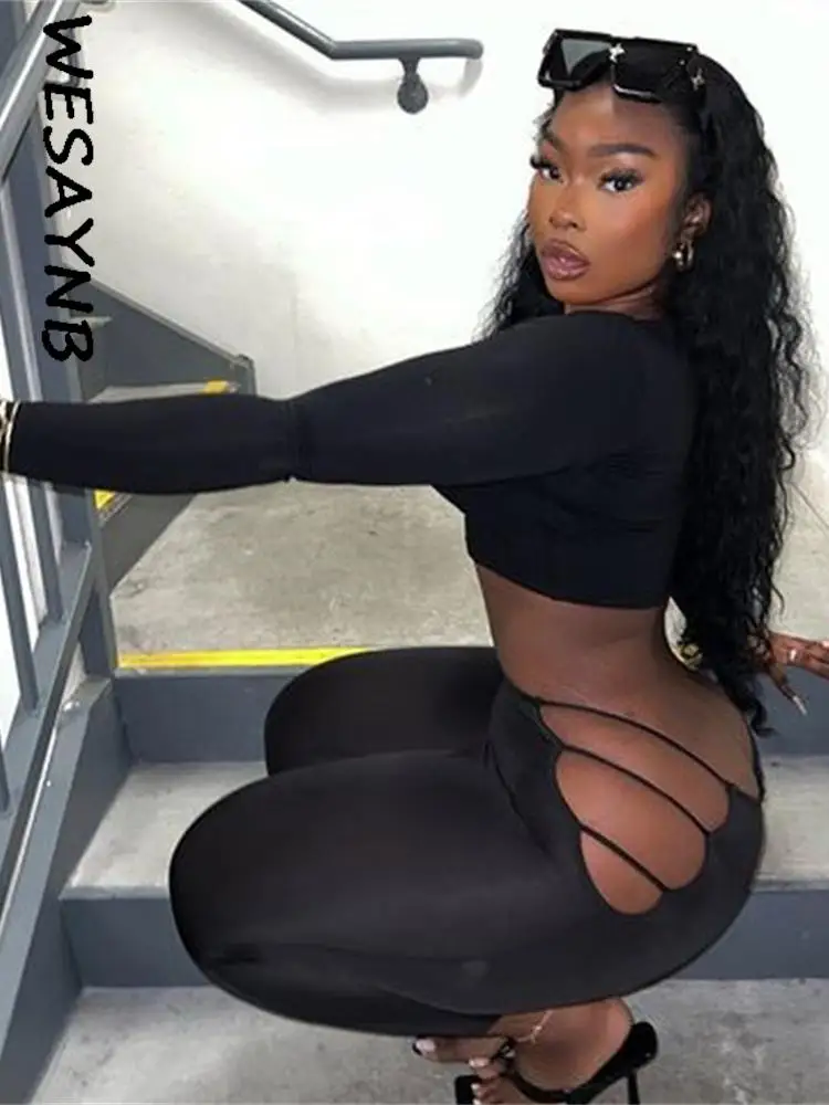 

WESAYNB Clothing Casual Two 2 Pieces Sets Women Outfits 2022 Long Sleeve Crop Top Skinny Pants Sets Hollow Out Black Club Outfit