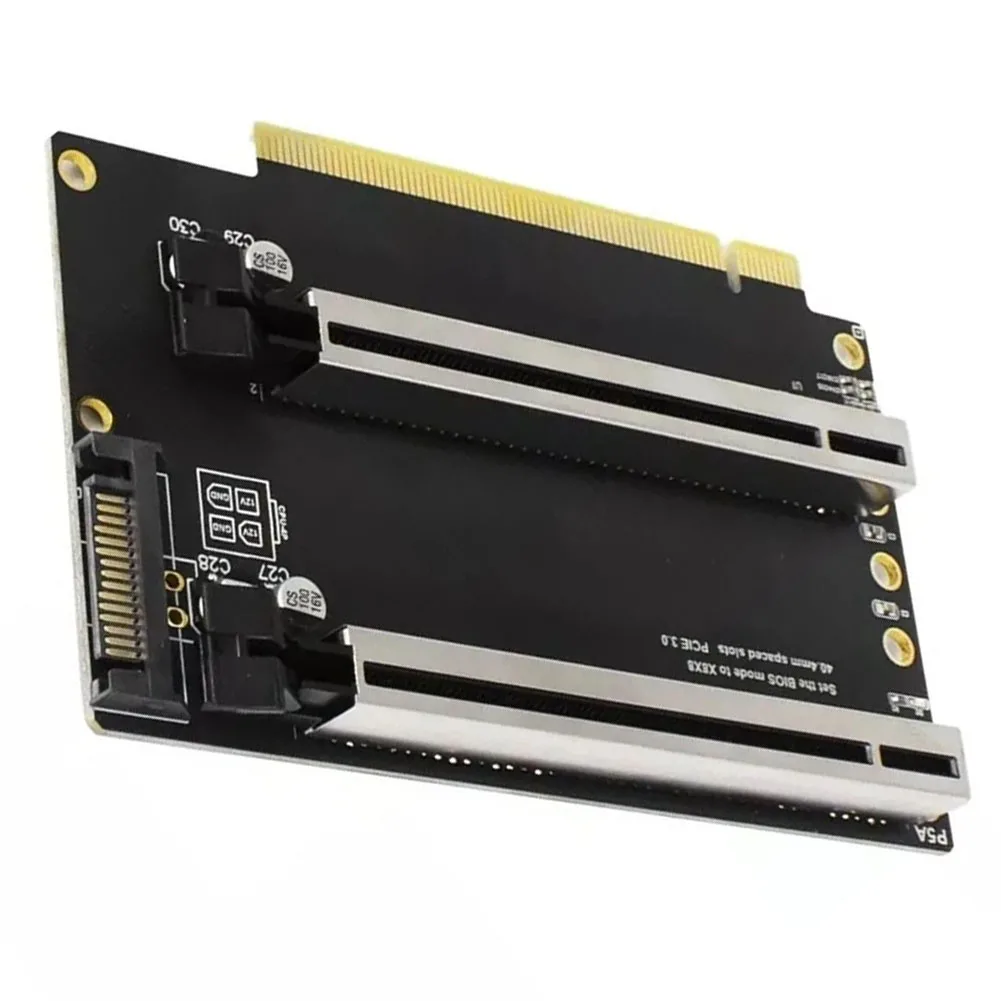 Фото Карта-разветвитель PCIe 3.0 X16 на два порта X8 с питанием SATA для графических процессоров Gen3, SSD и сетевых адаптеров (расширитель) №1