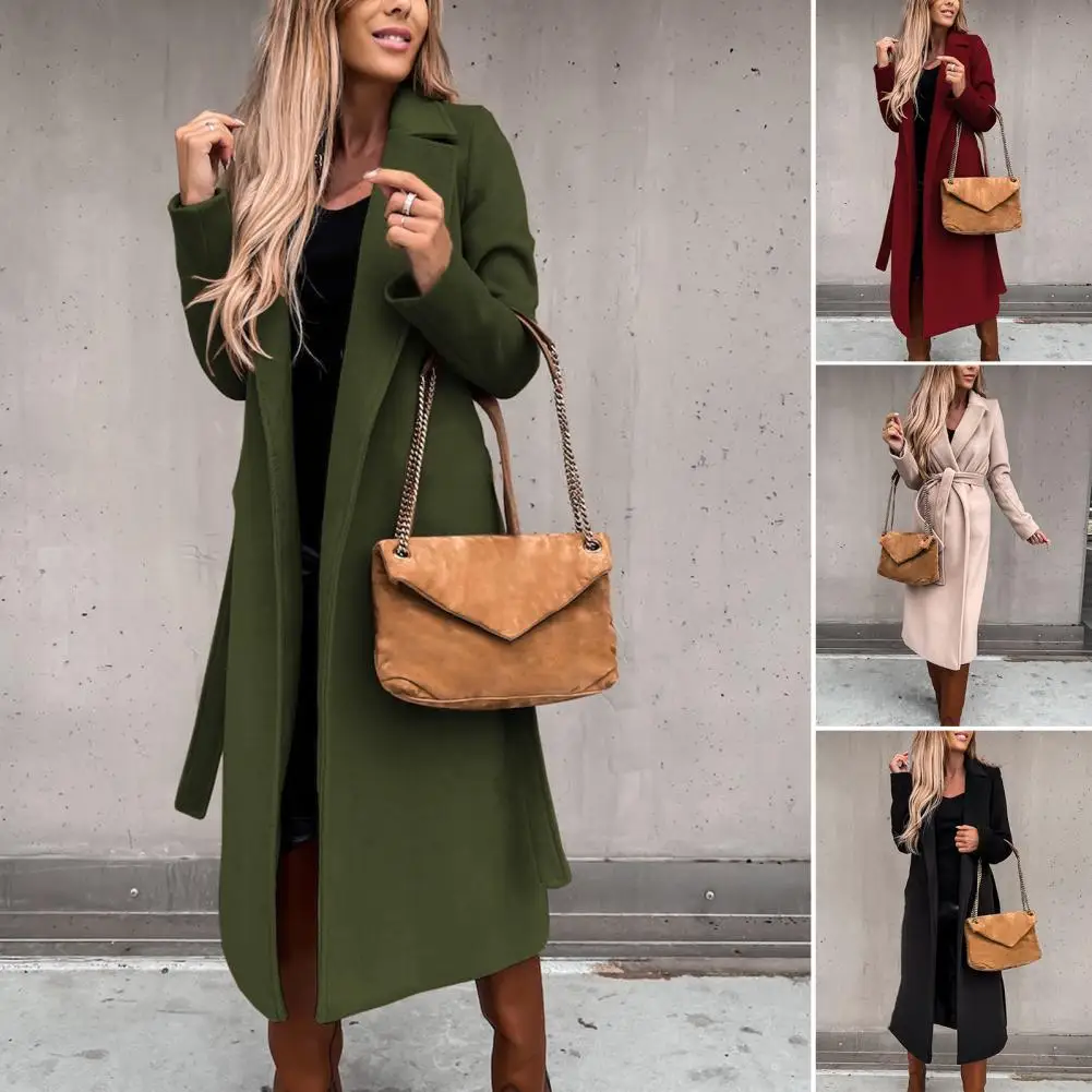 

Popular Women Woolen Outerwear Autumn Winter Ladies Long Coat Open Stitch Windproof Turndown Collar Coat Keep Warm