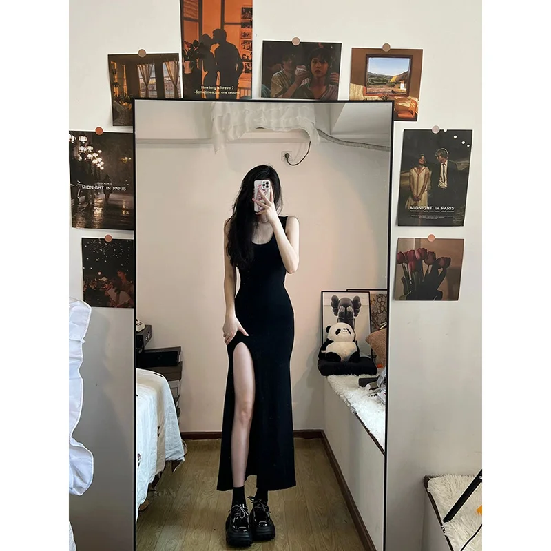 

Black Sleeveless Dress Women Korean Fashion Style Side Slit Irregular Mid Calf Sexy Sheath Solid Elegant Chic Summer