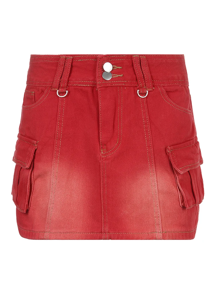 Weekeep панк джинсовая юбка женская уличная с низкой посадкой карманами и рисунком