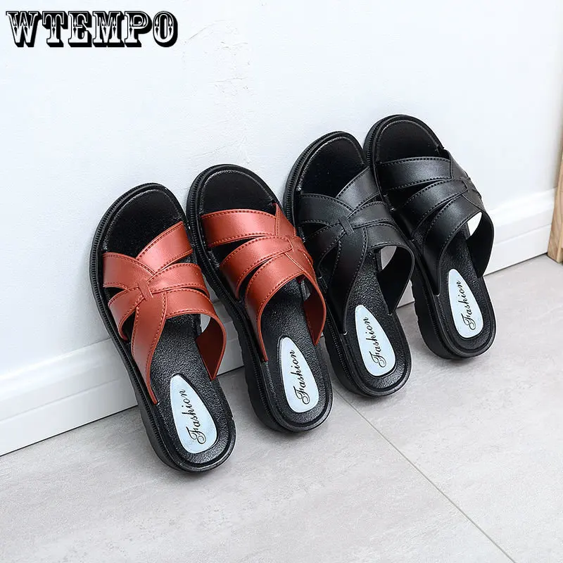 WTEMPO Summer Leather Women Slippers Outdoor Wear Wedges Soft Bottom Non-slip Seaside Women Sandals Mother Slippers Dropshipping