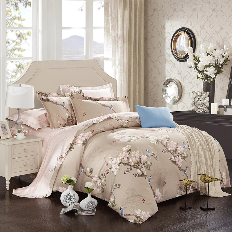 

100% Cotton soft linen flowers birds print Bedding s king queen size Bed bed sheet set duvet cover Pillow sham
