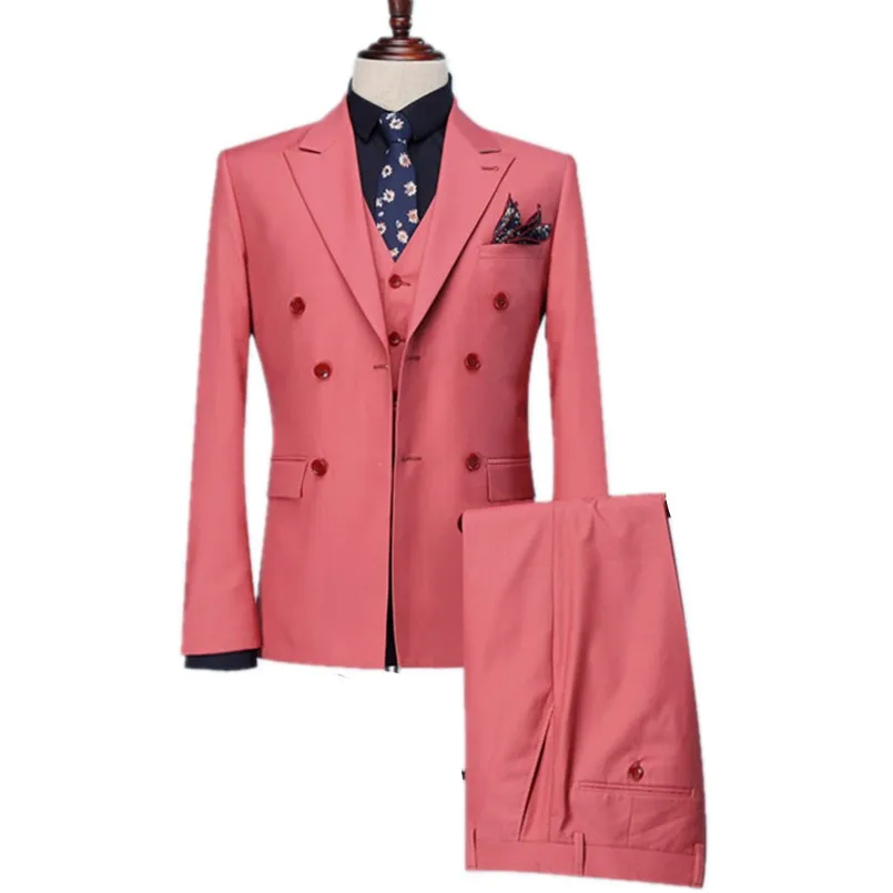 

Best Man Double Breasted Groomsmen Peak Lapel Groom Tuxedos Coral Men Suits Wedding Best Man Blazer (Jacket+Pants+Tie+Vest)