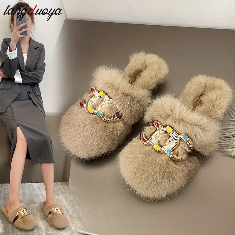 

Меховые шлепанцы, брендовые дизайнерские женские тапочки, мюли без застежек, с золотой цепочкой, зимние теплые сланцы из овечьей шерсти, повседневные шлепанцы