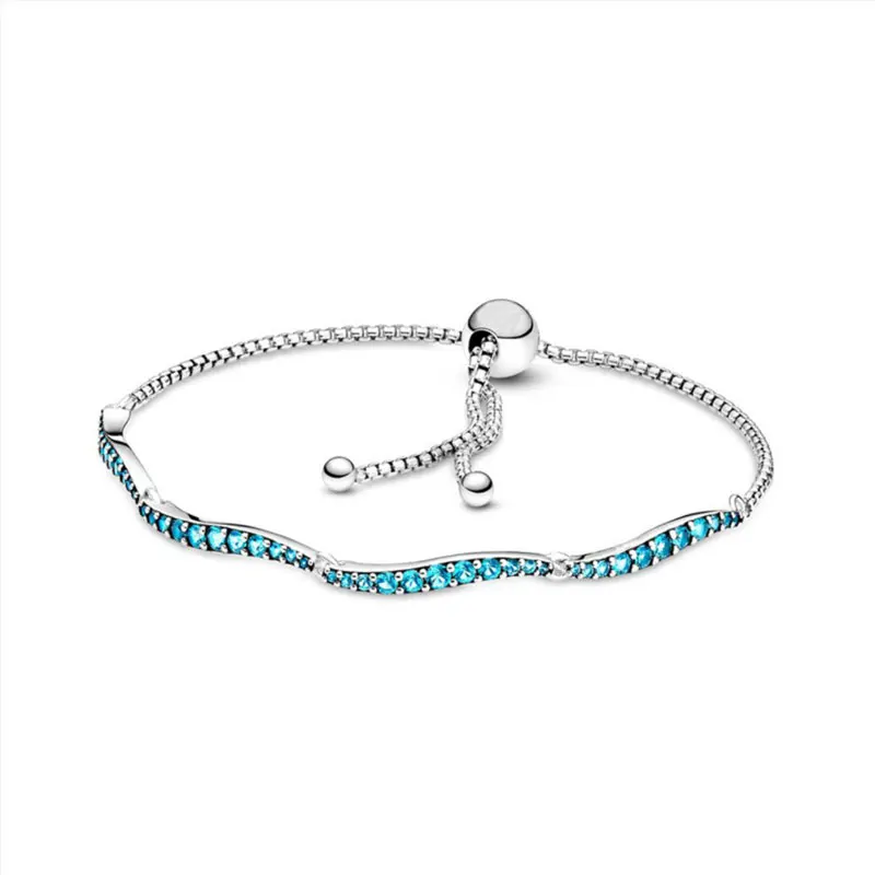 

925 Sterling Silver Blue Sparkling Cubic Zirconia Tennis Chain Slider Luxury Bracelet For Women Original Jewelry Free Shipping