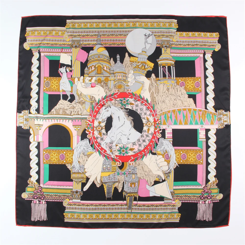 

Horse Palace Print Twill Silk Scarves Wraps Square Scarf Women Shawl Luxury Lady Hijabs Bandana Handmade Curled Head Scarf 90cm