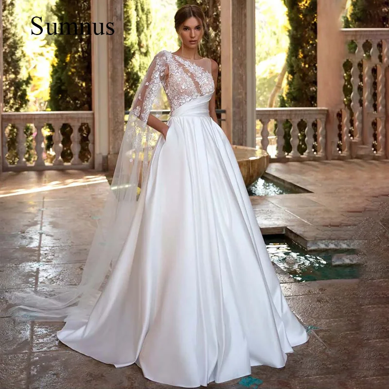 

Sumnus A Line Wedding Dress One Sleeve With Pocket Lace Appliques Princess Bride Dresses Backless O Neck Long Dubai Wedding Gown