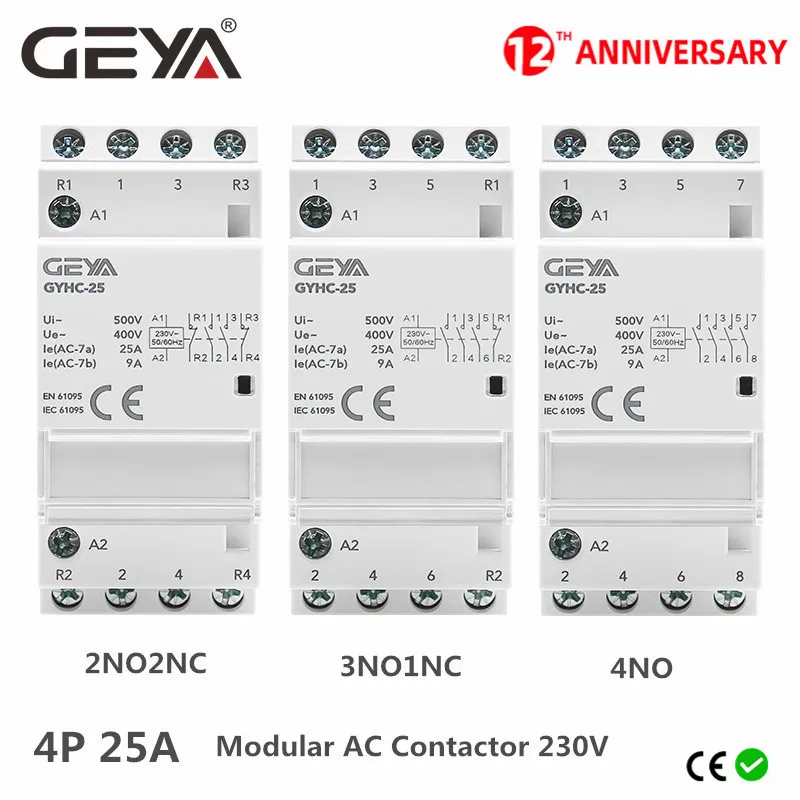 Geya-contator Doméstico Automático Din Ac230v 4p 25a 4no 2no2nc 3no1nc 50 60hz