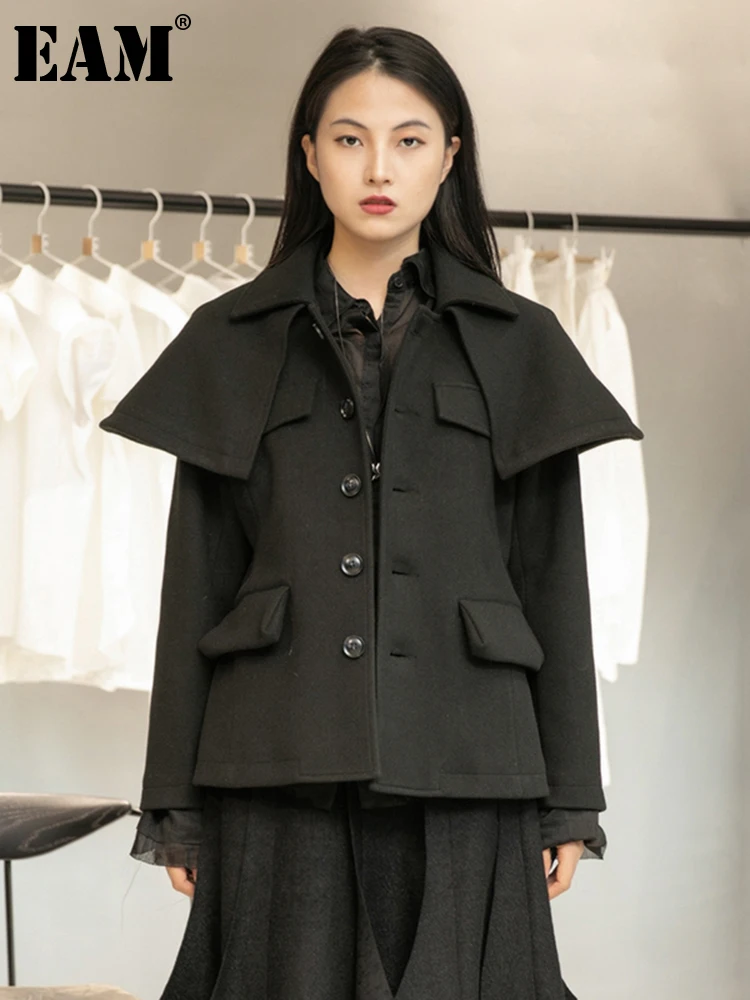 

[EAM] Loose Fit Black Shaped Big Size Short Woolen Coat Parkas New Long Sleeve Women Fashion Tide Autumn Winter 2022 1DD1633